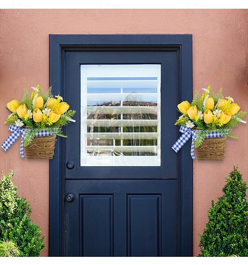 guirlanda de primavera tulipa artificial e videira verde cesta decoração pendurada com fita xadrez para hotéis, cafés, entradas de casa de 2025 por $14.99 –P4