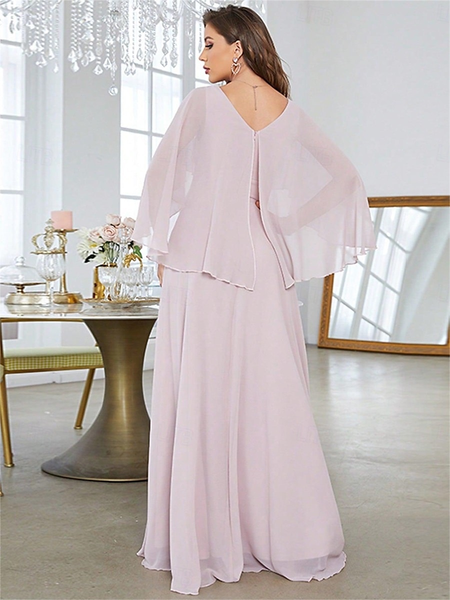 Dress Mother of the Bride Dress Elegant Party V Neck Floor Length Polyester Half Sleeve with Appliques 2025 2025 - $82.99 –P14