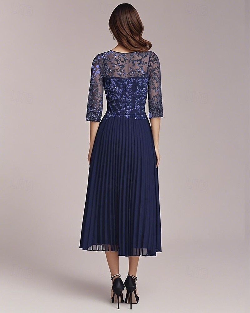 Robe Mère de la Mariée A-Line Élégante Simple Décontractée Col Ronde Longue en Chiffon À Manches Mi-Longues avec Appliques Florales en Dentelle Plis de Genoux Printemps Été Robe Midi 2025 de 2025 ? $121.99 –P3