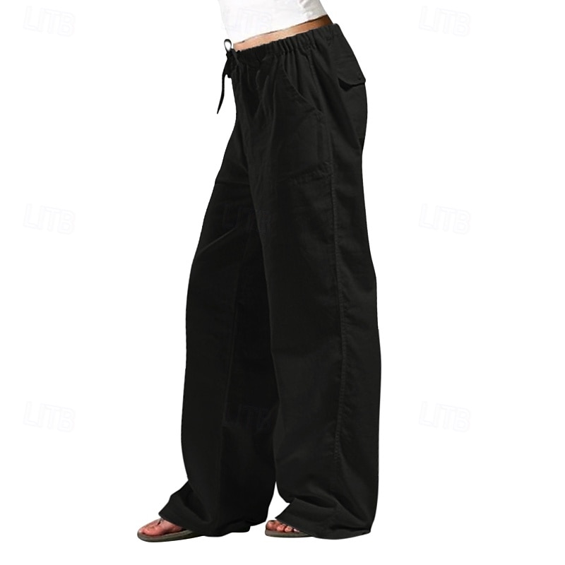 Women's Cotton Linen Pants Slacks Streetwear Casual Full Length Natural Plain Pocket Elastic Drawstring Design Outdoor Comfortable Daily Wear Going out Depression Green Dark Brown Light Sky Blue Navy 2025 - $23.99 –P15