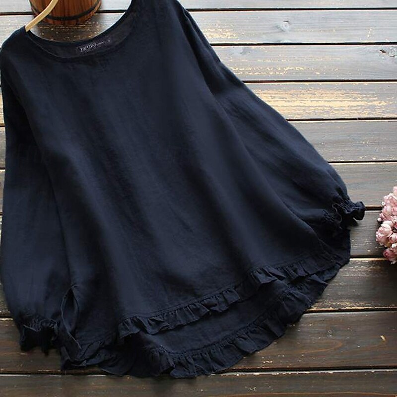 Women's Blouse Cotton Linen Shirts Plain Basic Modern Long Sleeve Square Neck Regular Tops Daily Holiday Going out Ruffle Black White Pink Army Green Navy Blue Summer 2025 - $22.99 –P10