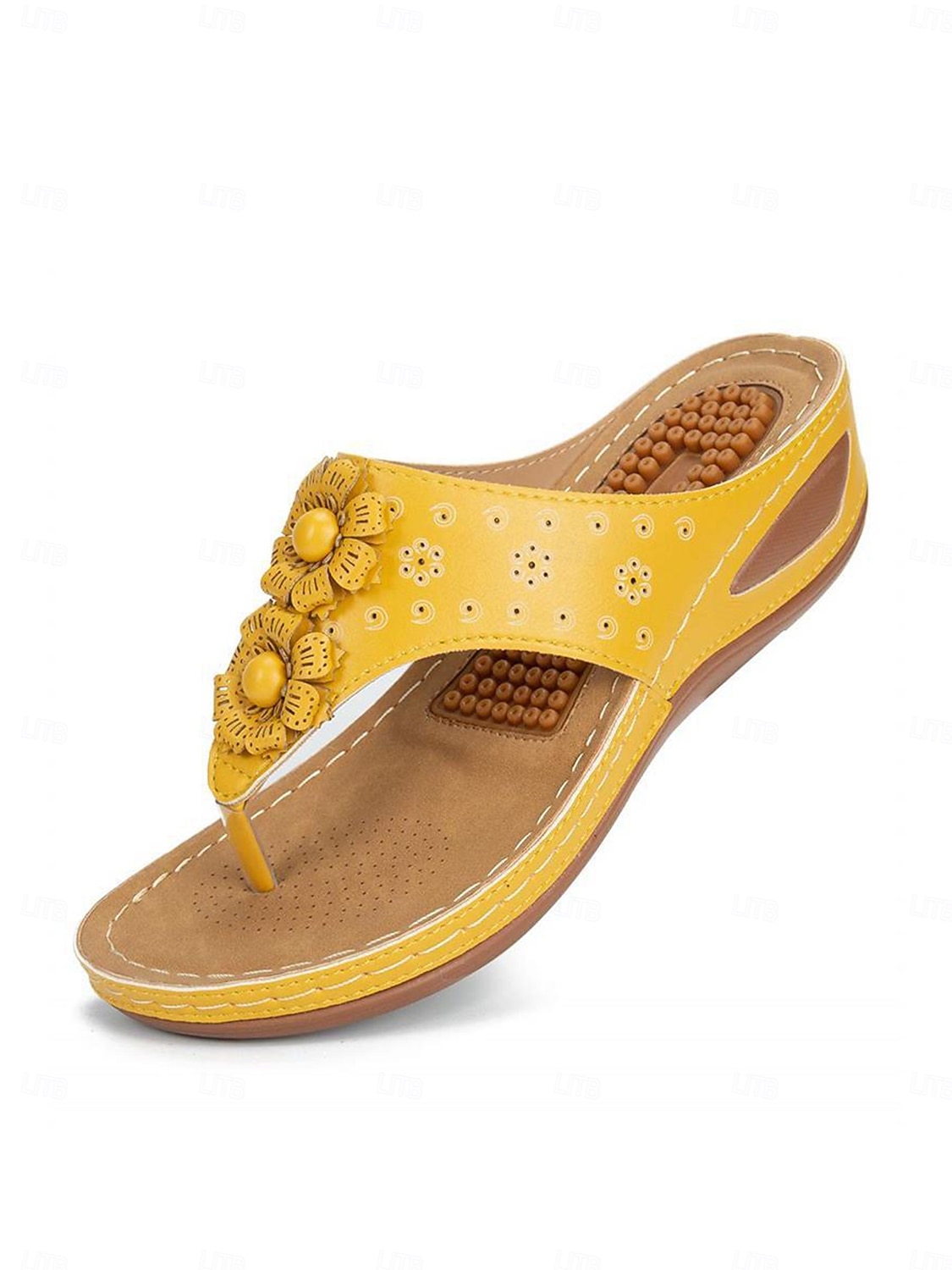 damskie sandały na koturnie z wkładką masującą – kwiatowe, boho japonki na co dzień, na lato, na plażę i na zewnątrz 2025 - $32.99 –P1