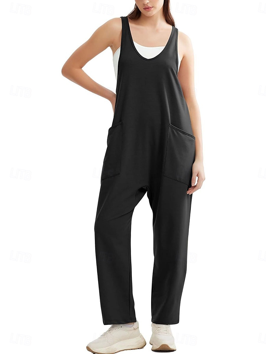 Kvinne Jumpsuit Aktiv Solid Farge Uten Ermer V-Hals Lomme Ferie Daglig Regulær Passform Svart Rosa Armégrønn Sommer 2025 - $28.99 –P4
