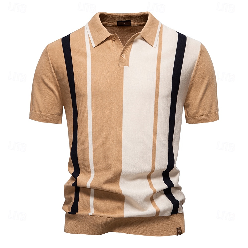 Men's Polo Knit Polo Sweater Formal Work Turndown Short Sleeve Striped Vertical Stripes Stripe Buttons Spring Black Khaki Polo 2026 - $29.99 –P10