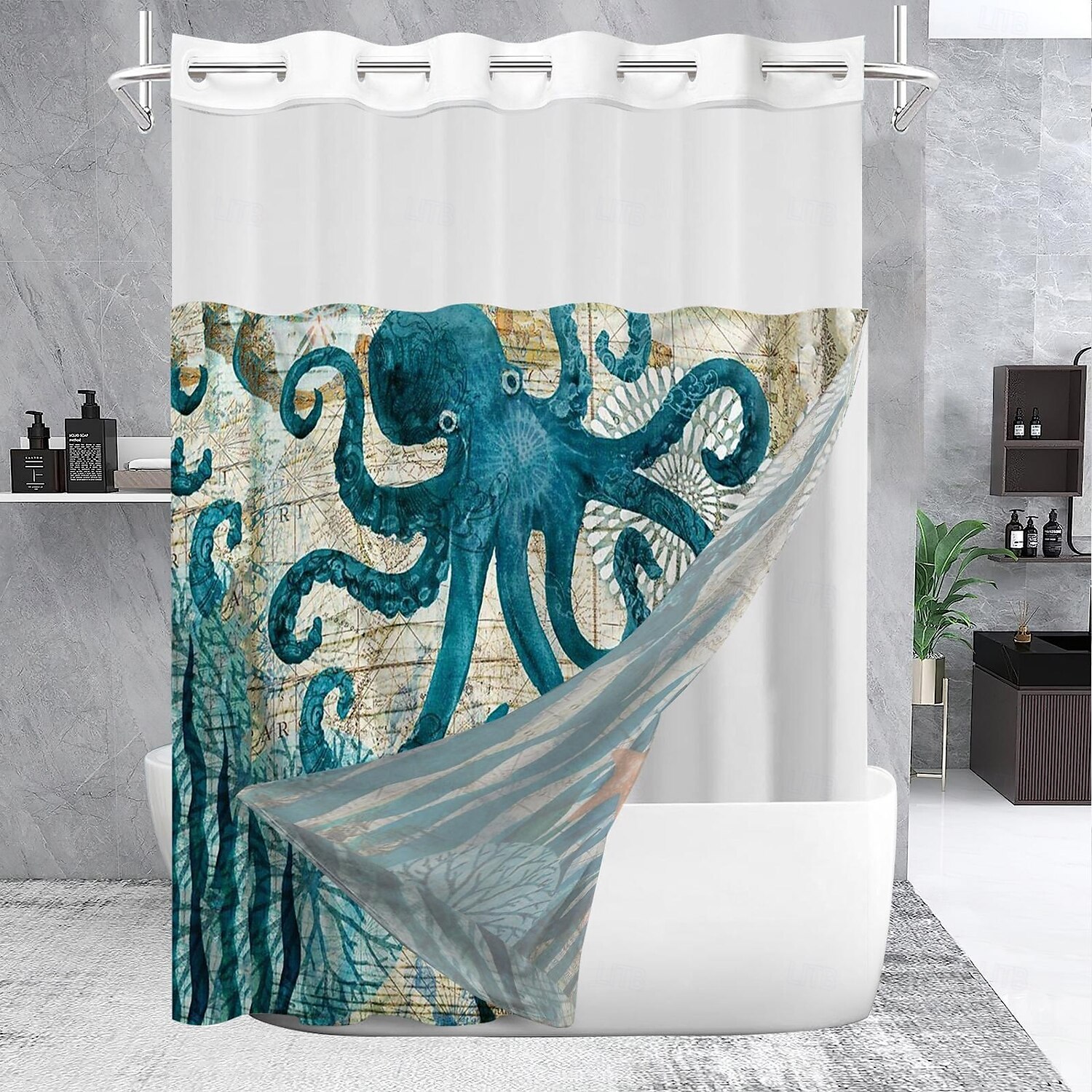 Duschvorhang-Set mit einsteckbarem Innenfutter und transparenter Fensterbahn 180cm*180cm (70"*70") wasserabweisendes Polyester ohne Haken Ösen 120 GSM doppellagige Hotel-Spa Badezimmer-Trennwand 2025 - $41.99 –P6