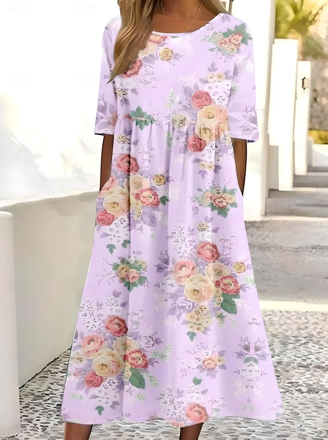 Damskie Sukienka midi Sukienka t-shirtowa Urlop Codzienny Urlop Codzienny Regularny Kwiaty Krótki rękaw Półgolf Żółty Czerwony Fioletowy Zielony Lato 2025 - $46.99 –P4