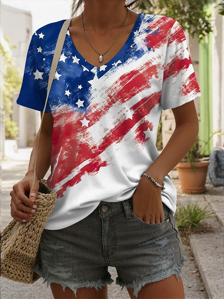 Damen Patriotic Bluse Flagge Lässig Rot Weiß Blau Kurzarm V-Ausschnitt Reguläre Tops Täglicher Druck Blau Sommer Frühling 2025 - $19.99 –P1