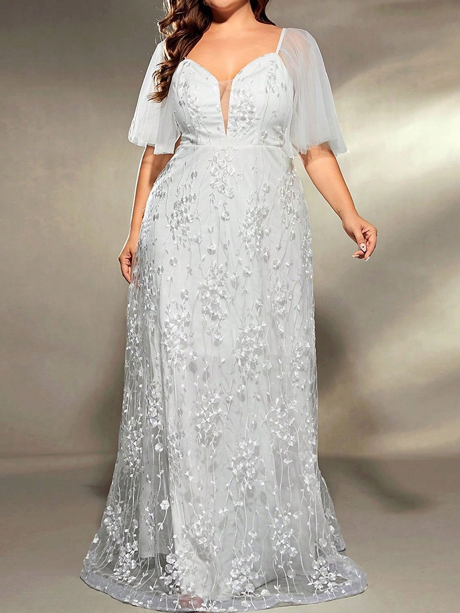 Plus Size Jurk Moeder van de Bruid Curve Jurk Elegant V Hals Vloerlengte Polyester Korte Mouw met Kant 2025 - $89.99 –P3