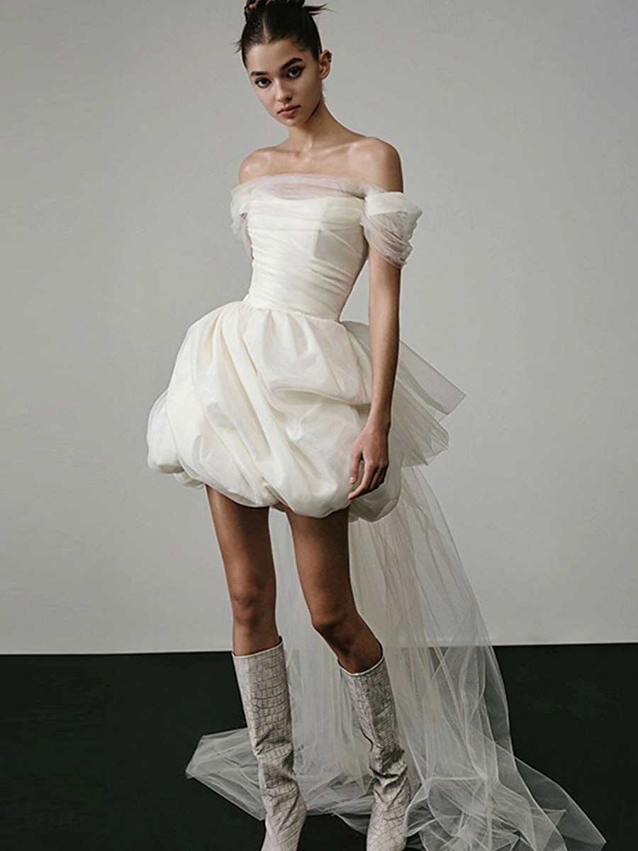Bruidsjurken Bubbeltrojken Mini Baljurk Off Shoulder Mouwloos Asymmetrisch Tulle Bruidsjurken Met Plooien Effen Kleur 2025 - $94.99 –P6