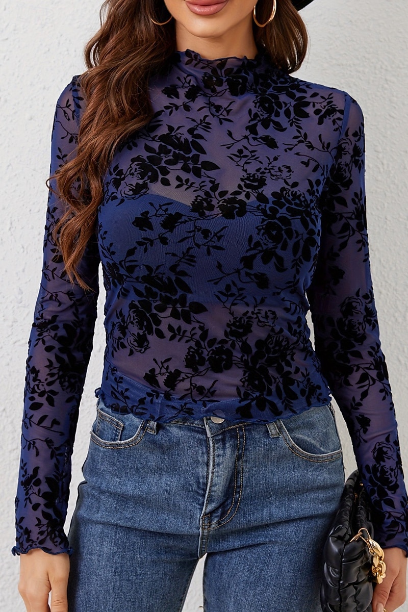 Femme Chemisier Plein mode manche longue Col Haut Hauts réguliers Vacances Sortie Maille Noir bleu marine Eté de 2025 ? $18.49 –P6