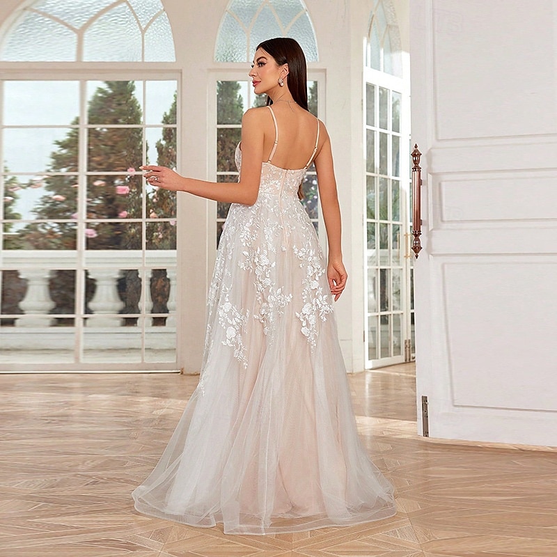Kleine weiße Kleider Hochzeitskleider A-Linie V-Ausschnitt Ärmellos Bodenvoll Tüll Brautkleider Mit bestickter floralem Spitze Kleid 2025 - €142.99 –P3