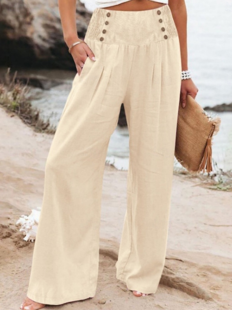 Pantaloni ampi in cotone e lino da donna A tinta unita Chinos Pantaloni baggy Basic Casual Lunghezza intera Vita alta Semplice Fascia elastica Comodo Morbido Confortevole Micro-elastico All'aperto del 2025 a $25.99 –P1