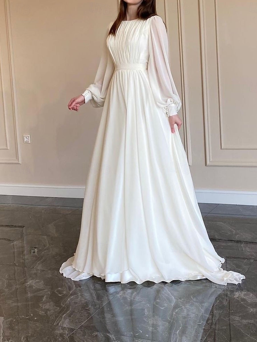 Erntedank Damen Normal kleid lang Weißes Kleid Chiffon-Kleid Schaukelkleid Elegant Ausgefallene Laternenärmel kleid hochzeitsgast Geburtstag Regular Fit Feste Farbe Langarm Rundhalsausschnitt Weiß 2025 - $38.99 –P5