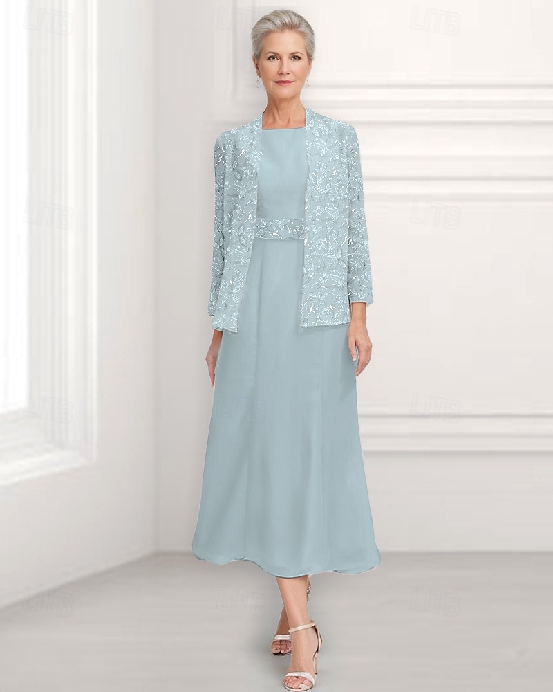 A-linje klänning brudens mor klänning elegant vintage rund hals ankellängd chiffon lång ärm med paljettbroderi examens klänning 2025 2025 - $179.99 –P1
