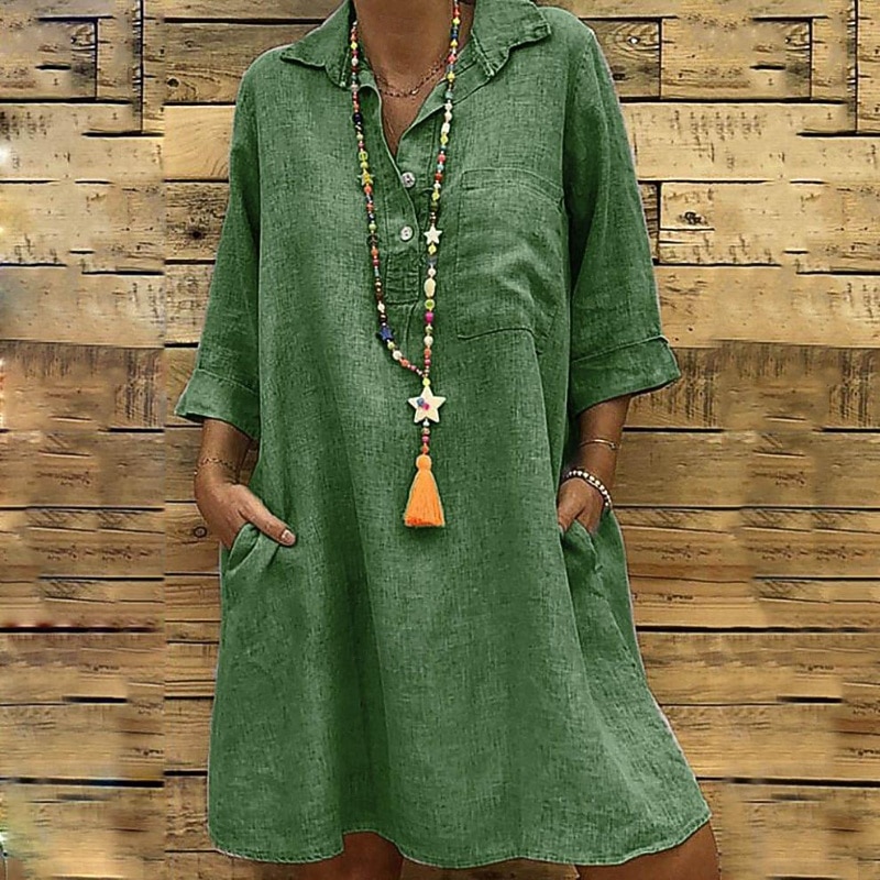 Mujer Mini vestido Vestidos con tacto de lino Vestido de Camisa Clásico Diario Festivos Noche Ajuste regular Plano Manga 3/4 Cuello Camisero Negro Caqui Verde Trébol Gris Verano 2026 - $18.99 –P7