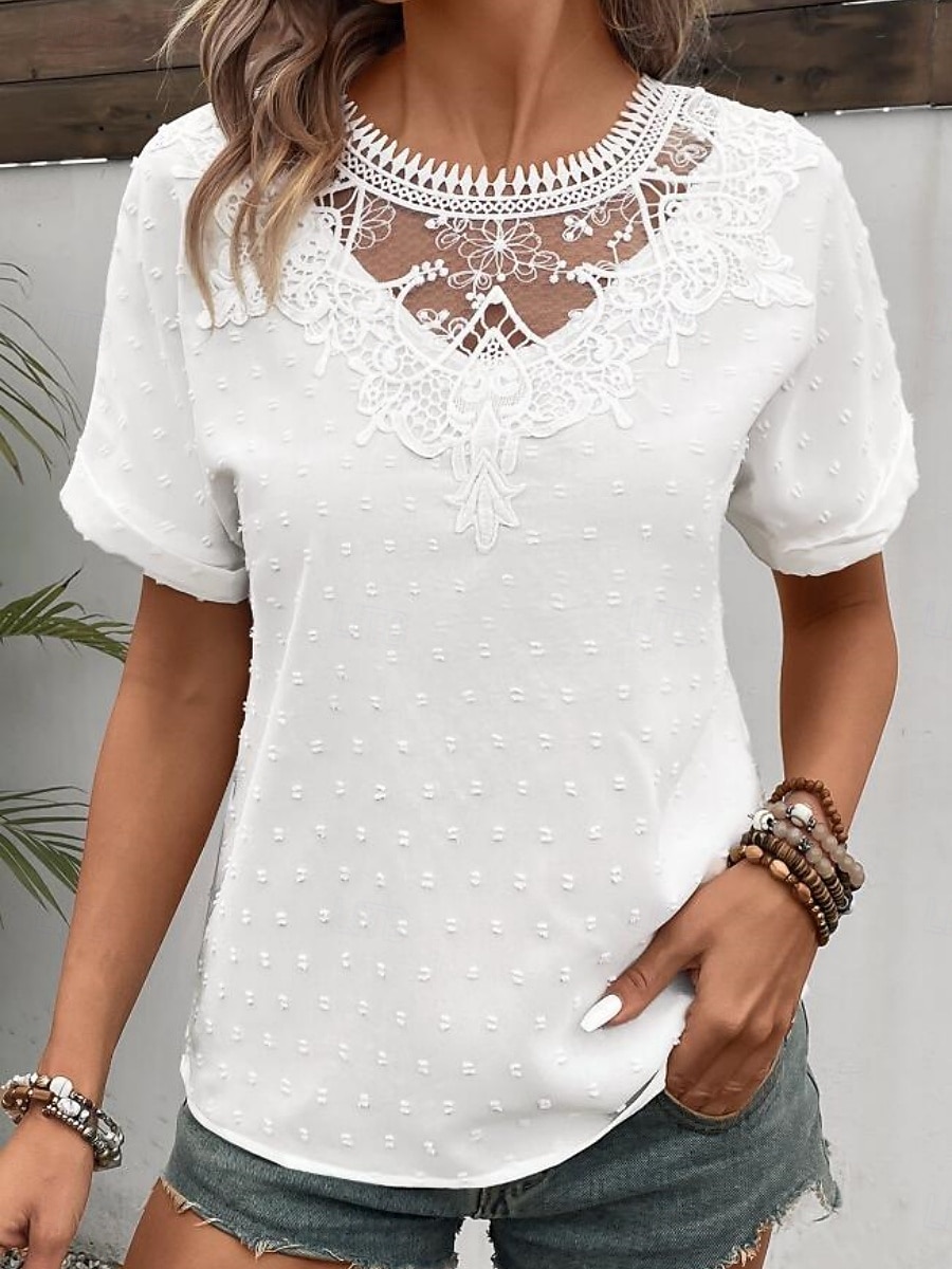 T-shirt femme couleur unie plain mode moderne décontractée manches courtes col rond hauts réguliers quotidien week-end dentelle patchwork blanc été de 2025 ? $19.99 –P4