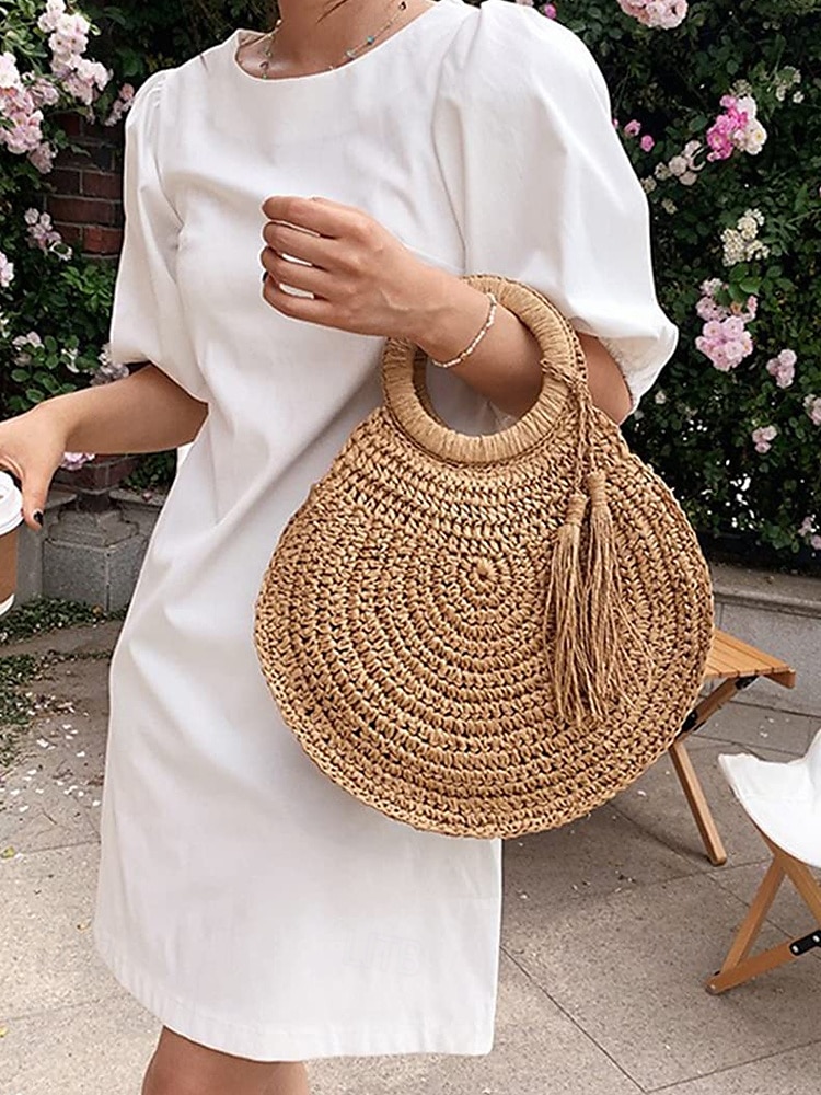 Women's Large Capacity Handmade Woven Straw Round Tote Bag - Bohemian Beach Tote with Tassels, Summer Vacation Rattan Wallet for Travel, Shopping and Vacation Brown Beige 2025 - $24.99 –P4