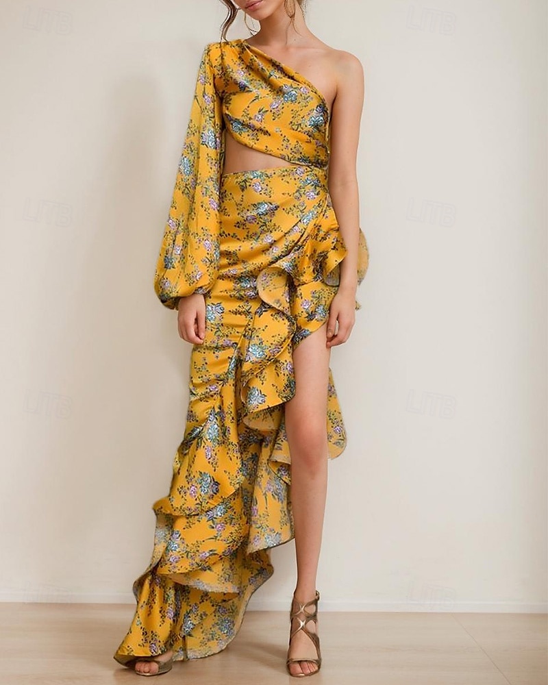 Mermaid / Trumpet Evening Gown Elegant Dress Wedding Wedding Guest Floor Length Long Sleeve One Shoulder Asymmetrical Neckline Satin with Floral Print Pleats Ruffles Wedding Guest Dress 2025 2025 - $99.99 –P1