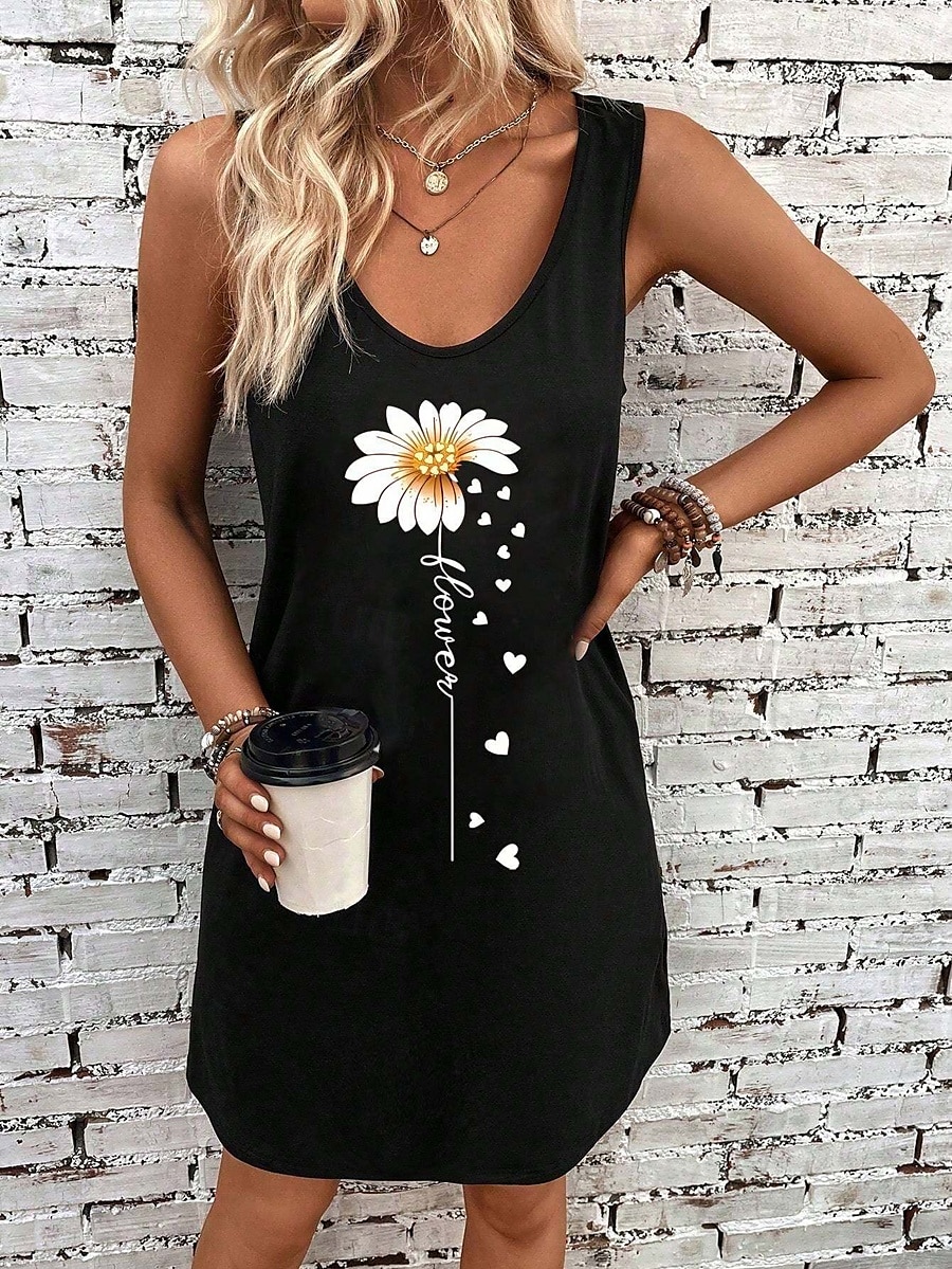 Damen Minikleid A Linie Kleid Sommerkleid Schulterfreies Kleid Urlaub Lässig Täglich Lässiger Schnitt Blumen Grafik Sonnenblume Ärmellos U-Ausschnitt Schwarz Sommer 2025 - $21.99 –P2