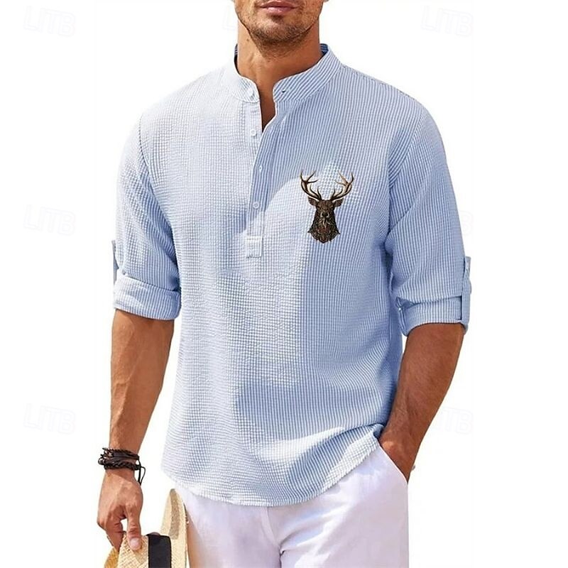 Per uomo Camicia popover Camicia Estiva Camicia casual Camicia da Spiaggia Camicia a maglia a nido d'ape Nero Bianco Blu Azzurro cielo Grigio scuro Manica Lunga Renna Motivo Collo alla coreana Henley del 2025 a $25.99 –P8