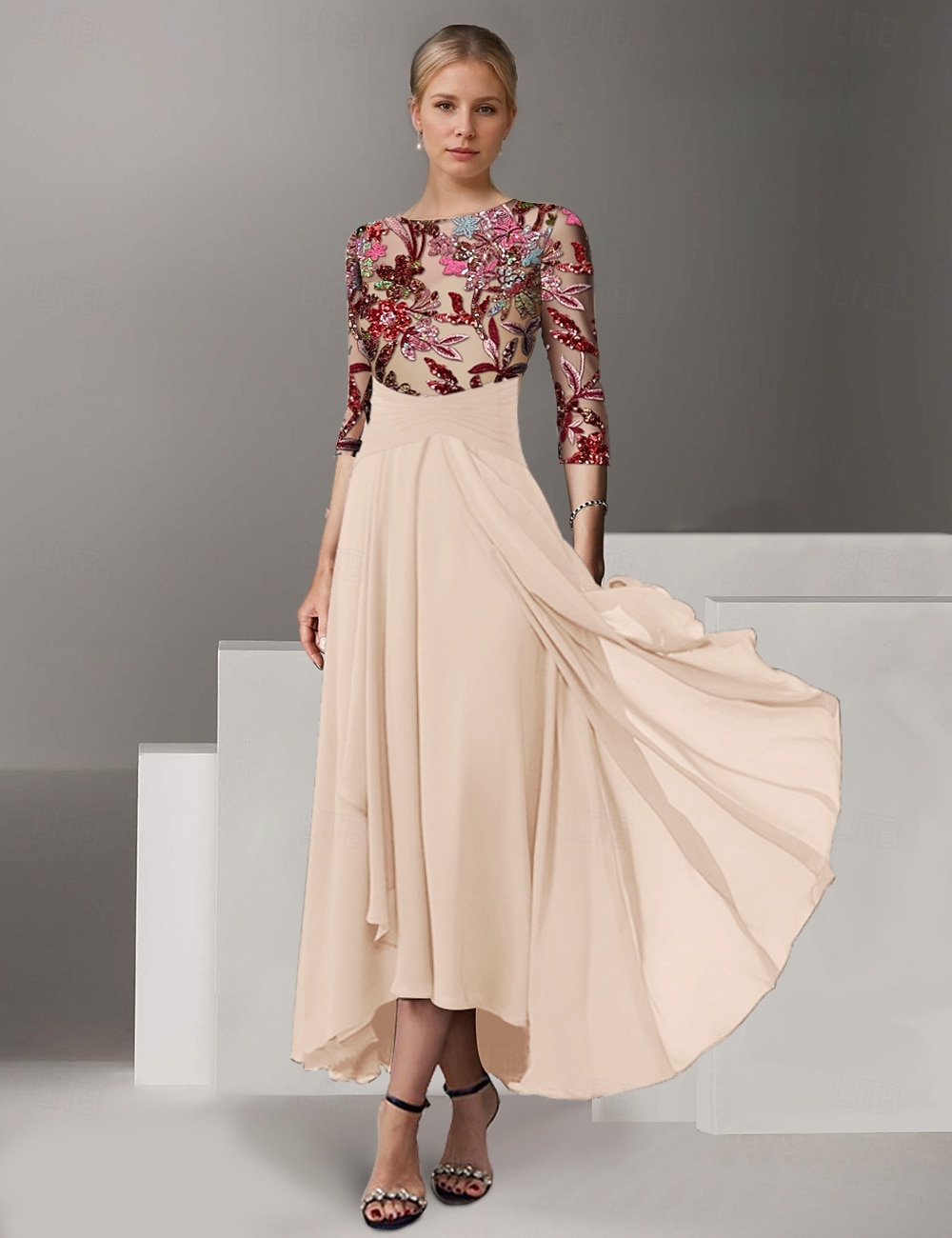A-Linie Kleid Brautmutterkleid Hochzeitsgast Kirche Elegant Vintage Illusionsausschnitt Knöchellänge Chiffon Halbarm mit Paillette Stickerei 2025 2025 - $189.99 –P3
