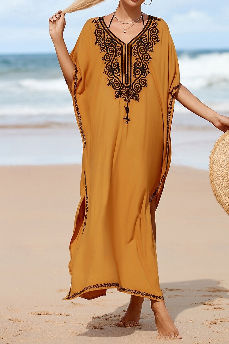 Women's Midi Dress Casual Dress Boho Dress Print Dress Fashion Modern Going out Beach Weekend Regular Fit Flower Short Sleeve V Neck Yellow Summer 2025 - $25.99 –P1