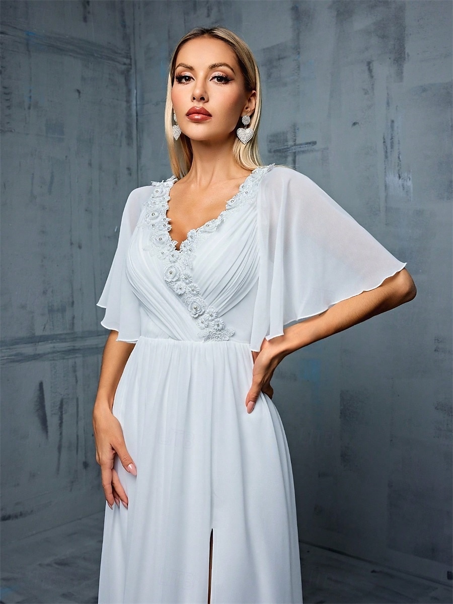 Kleid Brautmutterkleid Elegant V-Ausschnitt Bodenkörper Polyester Halber Ärmel mit Einfarbig 2025 - $89.99 –P3