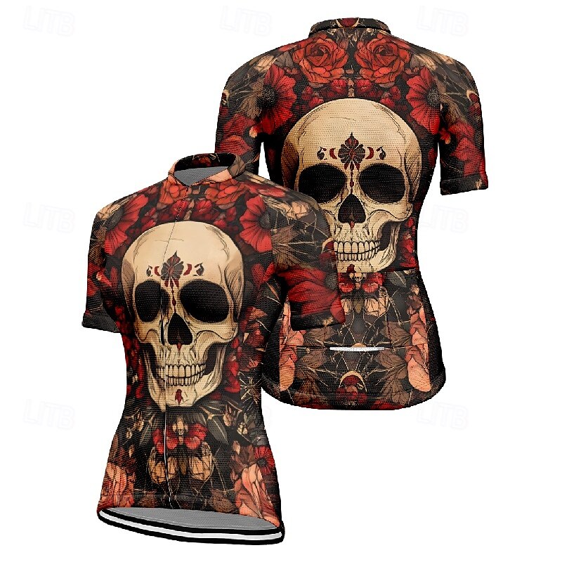 Women's Cycling Jersey Short Sleeve Bike Tee Tshirt Jersey with 3 Rear Pockets Mountain Bike MTB Breathable Quick Dry Anatomic Design Wicking Wine Red Black Red Skull Sports Clothing Apparel 2025 - $23.99 –P18