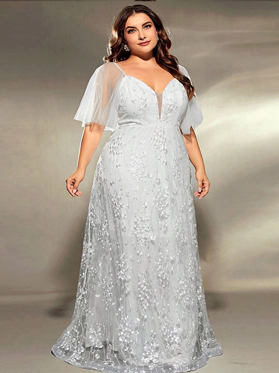 Plus Size Jurk Moeder van de Bruid Curve Jurk Elegant V Hals Vloerlengte Polyester Korte Mouw met Kant 2025 - $89.99 –P6