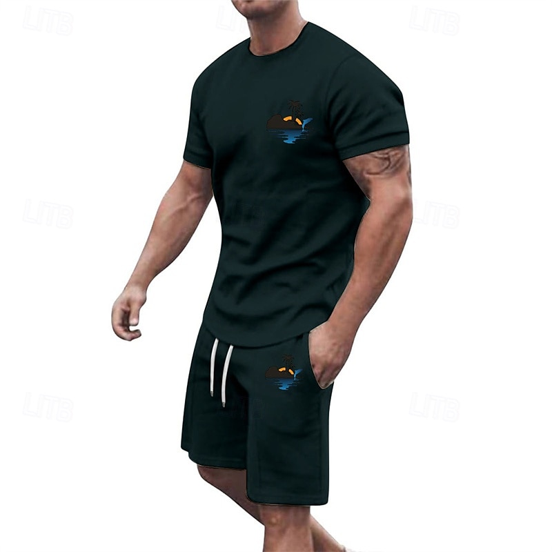 Herr T-shirtkostymer 2 delar outfits T-shirt och shorts Kortärmad Rund hals Sommar Kokosnötsträd Mode Ledigt 2 st Semester Dagliga kläder Utekväll Svart Vit Gul Topp t-shirt för män 2025 - $25.99 –P7