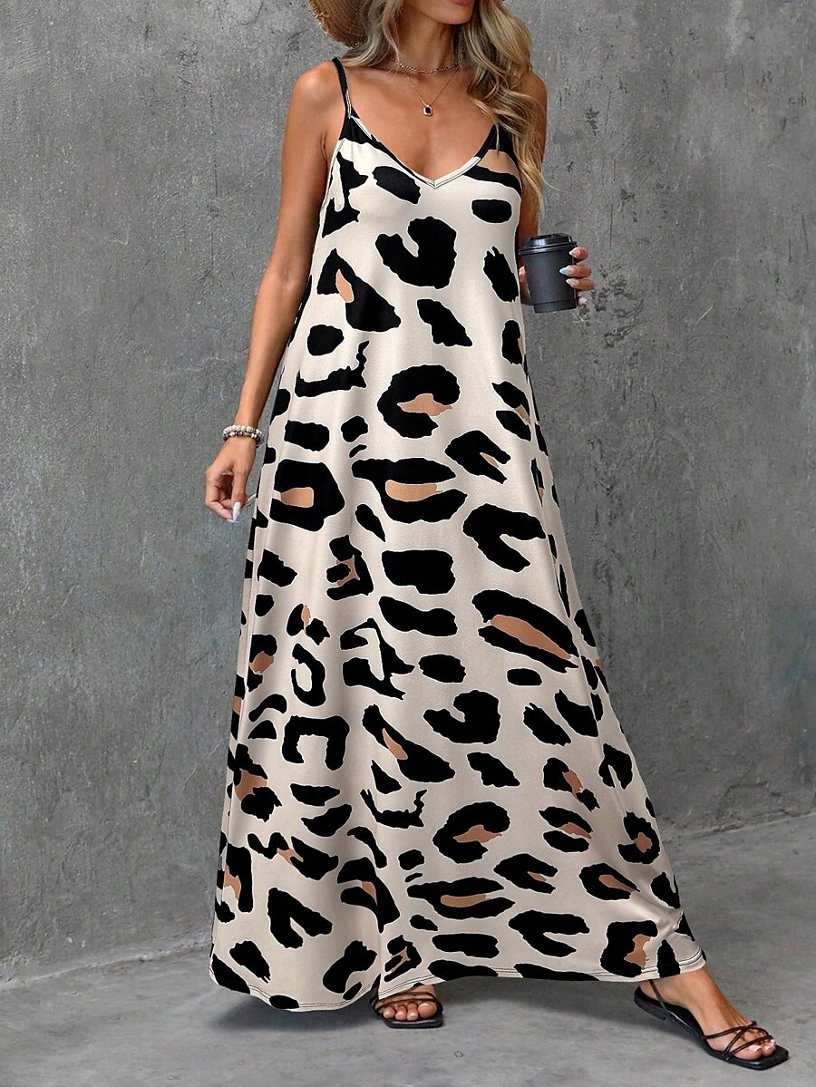 Women's Maxi Dress Sundress A Line Dress Slip Dress Vacation Casual Daily Regular Fit Graphic Leopard Sleeveless V Neck Brown Summer Spring 2025 - $28.99 –P1