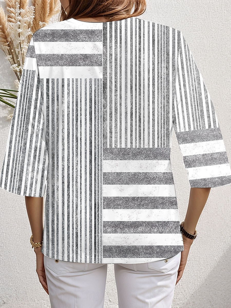 Dame Bluse Grafisk Stripet Stilfull Strandstil Kortermet V-hals Vanlige topper Daglig Trykt mønster Rosa Blå Grå Vår Høst 2025 - $25.99 –P4