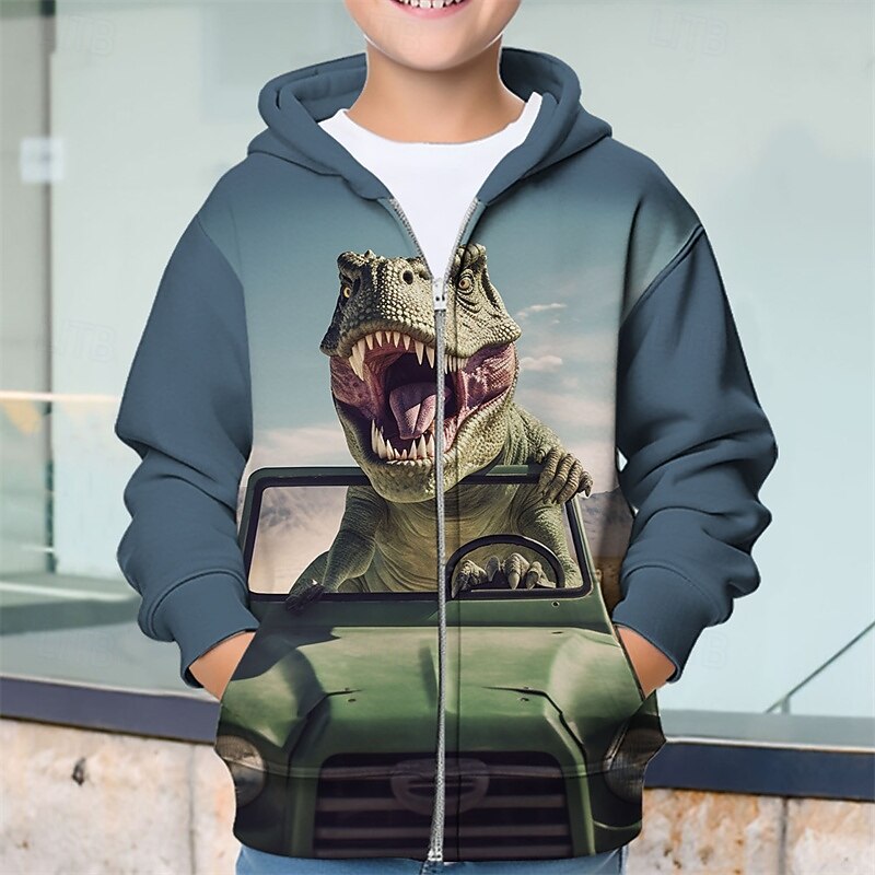 Pojkar 3D Dinosaurie Huvtröja Kappa Ytterkläder Långärmad Vår Höst Förtjusande Sport Barn 4-12 år Blixtlås Gata Dagligen Normal 2025 - $18.99 –P3