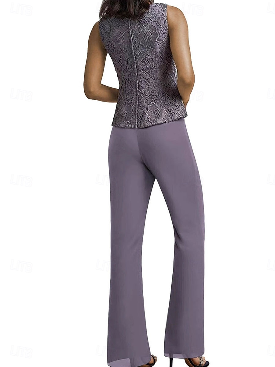 Hosenanzug Brautmutterkleid Hochzeitsgast Elegant Einfach Rundausschnitt Bodenlang Polyester Langarm mit Applikationen Einfarbig 2025 2025 - $103.99 –P4