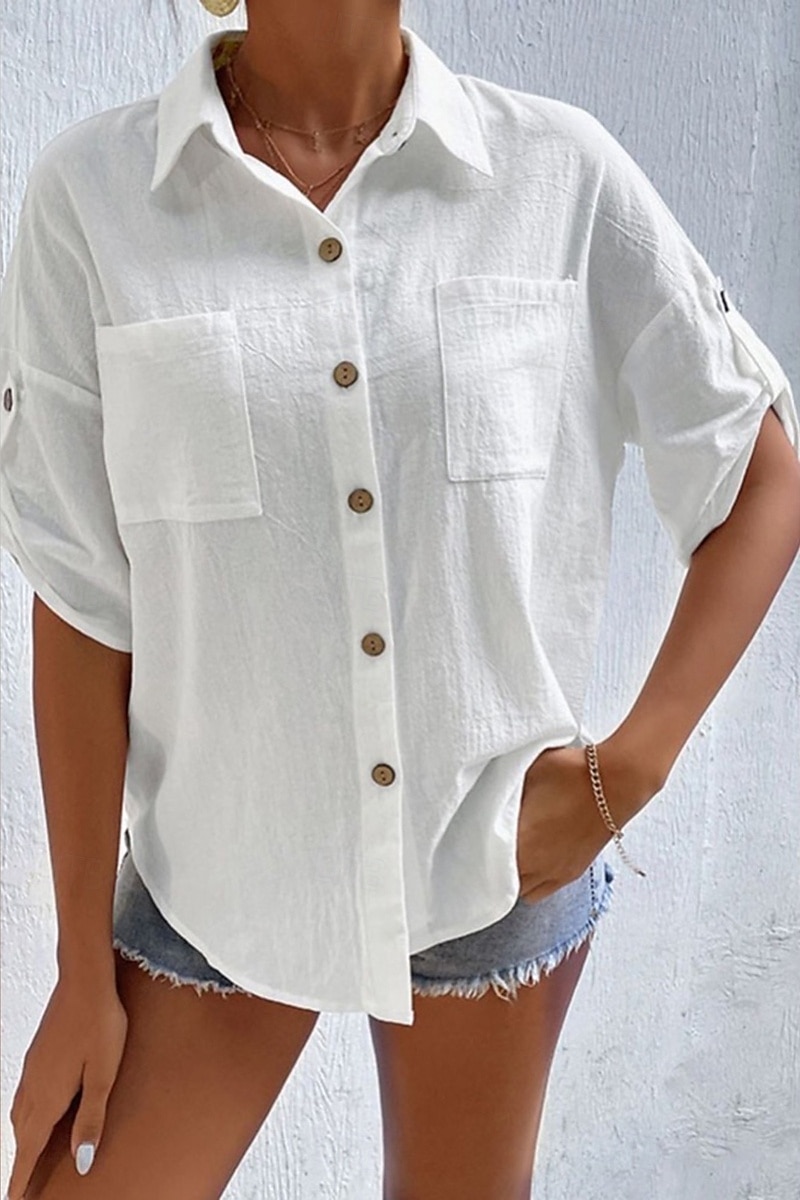 Damen Hemd Baumwoll-Leinen-Hemden Knopfleiste Bluse Einfach Basic Lässig Kurzarm Hemdkragen Normale Oberteile Ferien Ausgehen Knöpfe Tasche Schwarz Weiß Marineblau Khaki Grau Sommer 2025 - $21.99 –P4