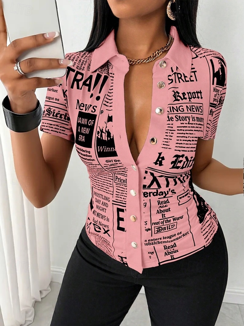 Blus Dam Svart Vit Rodnande Rosa Tidning Spänne Tryck Dagligen Elegant V-hals Normal S 2025 - $21.99 -P5
