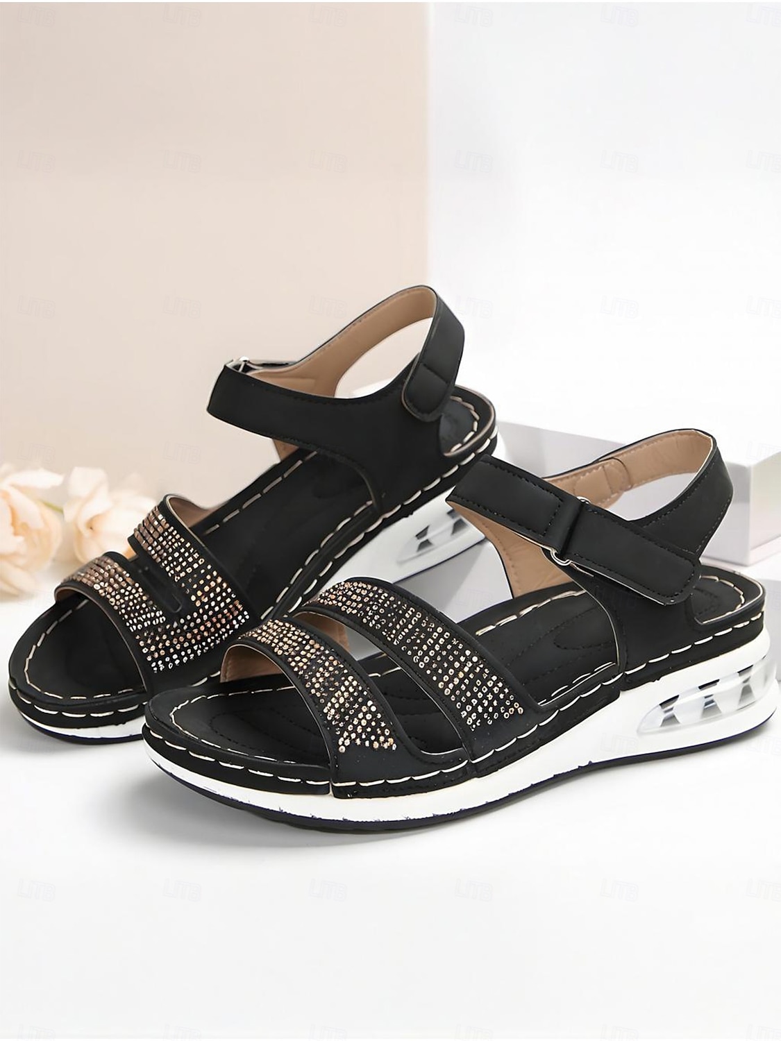 Damensandalen mit Luftpolster und Strasssteinen – bequeme Schuhe mit verstellbarem Klettverschluss und offener Spitze für Freizeit und Outdoor 2025 - $19.99 –P5