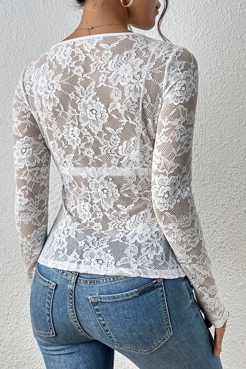 Damen Spitzenhemd Bluse Glatt Stilvoll Langarm V Ausschnitt Normale Oberteile Täglich Ausgehen Spitze Schwarz Weiß Wein Sommer 2025 - $17.49 –P5