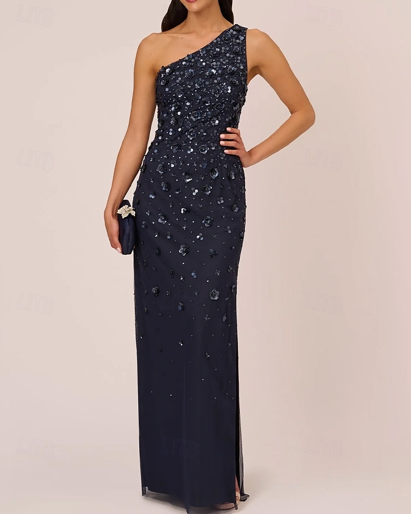 Sheath / Column Beaded Gown Celebrity Style Dress Formal Wedding Guest Floor Length Sleeveless One Shoulder Chiffon with Flowers Beading Sequin Slit 2025 - $164.99 –P7
