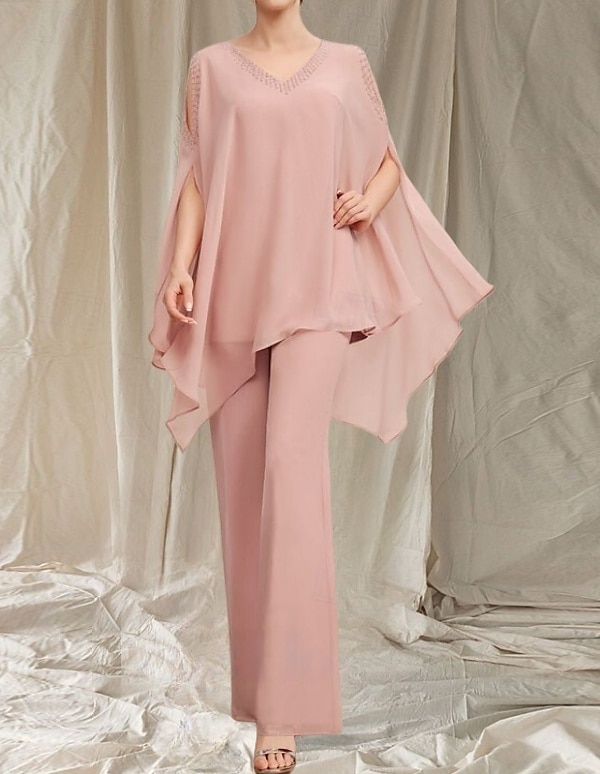 Macacão  Vestido de Calça Mãe da Noiva Vestido Convidada de Casamento Elegante Decote em V Comprimento do Chão Chiffon Manga Longa com Aplicações de 2025 por $147.99 –P1
