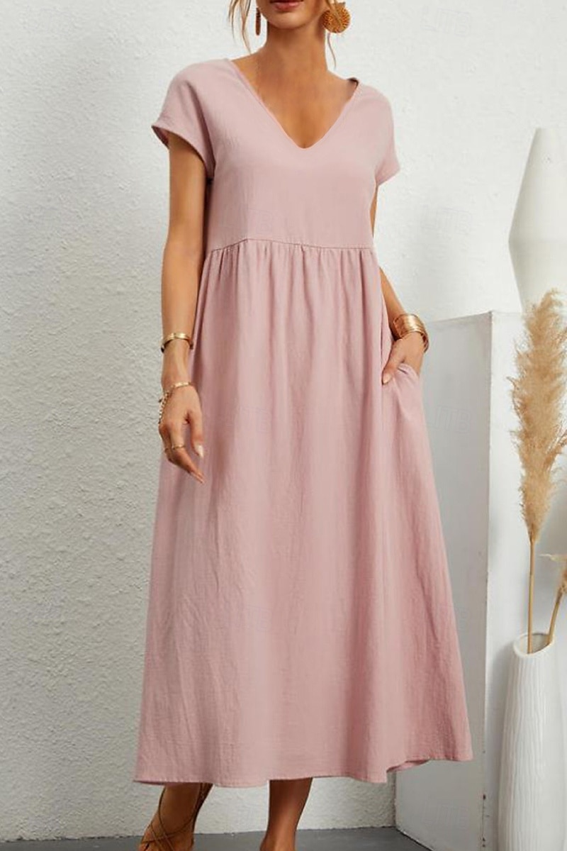Women's Midi Dress Linen-Inspired Dresses Cotton Linen Dress Basic Classic Modern Vacation Daily Holiday Regular Fit Plain Short Sleeve V Neck Black Light Green Pink Army Green Summer 2025 - $26.99 –P3