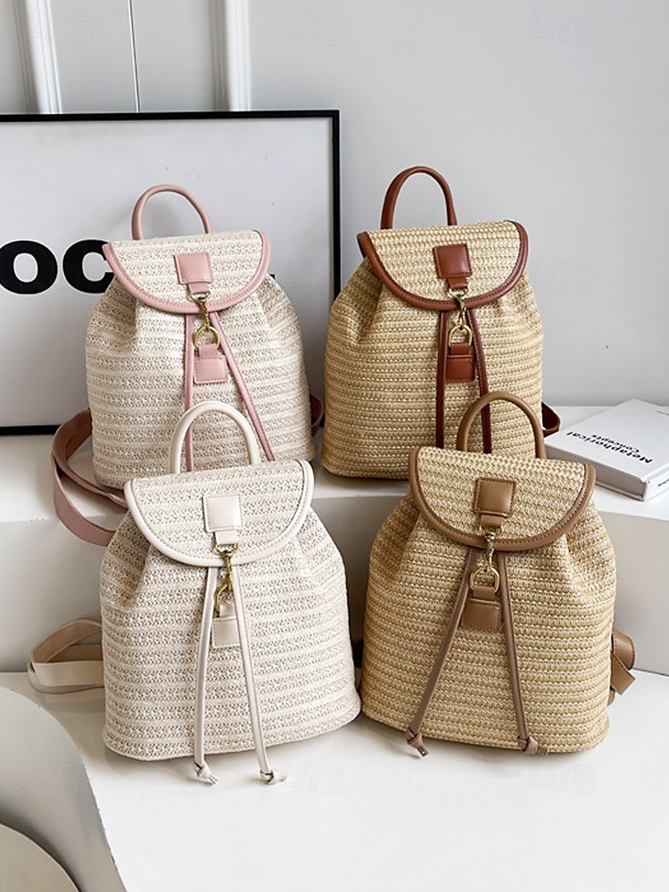 stro rugzak voor vrouwen – boho geweven rotan reistas met leren banden, chique zomer strand rugzak, casual vakantie & dagelijks gebruik handtas wit roze bruin 2025 - $29.99 –P6