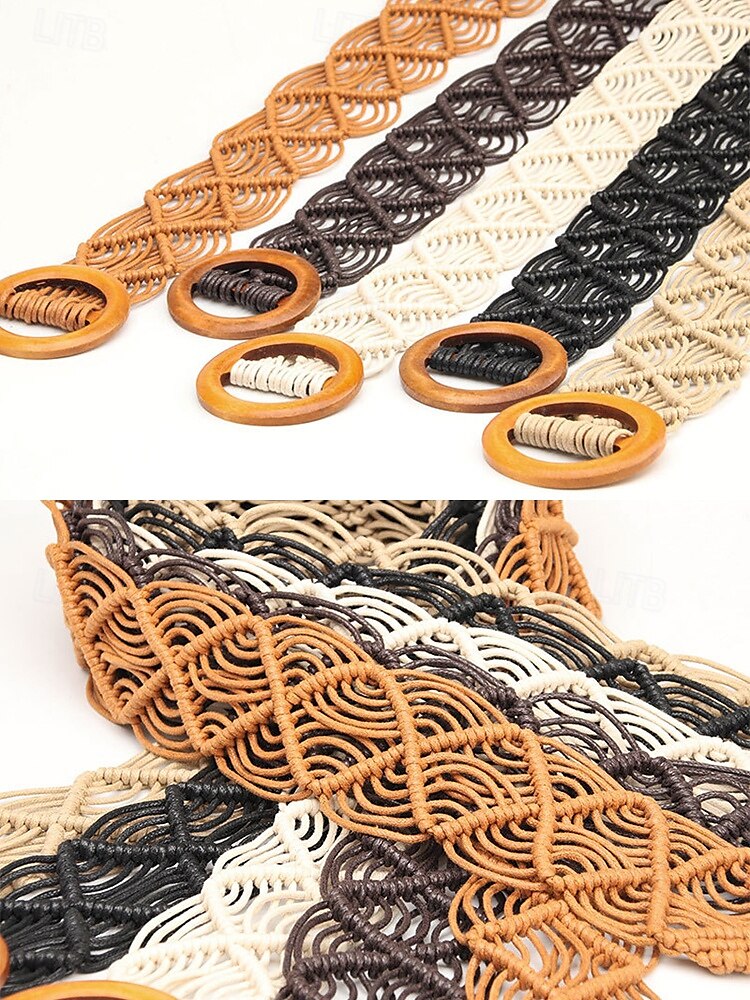 tkaný opasek boho macrame pro ženy – ručně vyrobený široký bederní pás s dřevěnou přezkou, vintage chic styl pro šaty, ležérní outfity a letní plážové oblečení 2025 - $11.99 –P7
