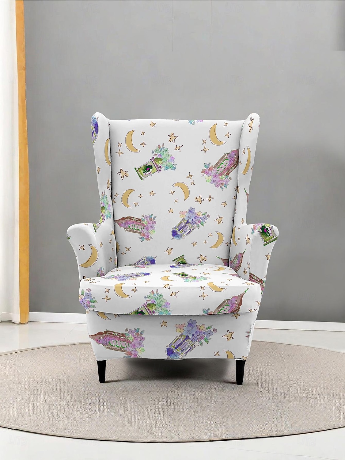 wingback stolsöverdrag, blomrandigt geometriskt tryckt polyesteröverdrag, töjbart och avtagbart, perfekt för att skydda och återuppliva dina möbler 2025 - $35.99 –P1