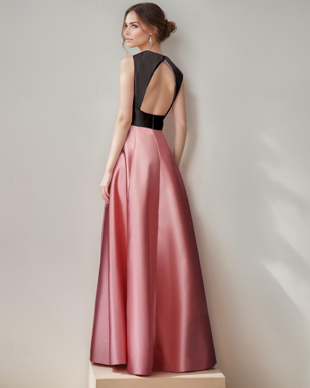 Vestido de noite em linha A, elegante, com blocos de cores, costas vazadas, formal, casamento, comprimento até o chão, sem mangas, decote em V, cetim com bolso lateral 2025 de 2025 por $148.99 –P2