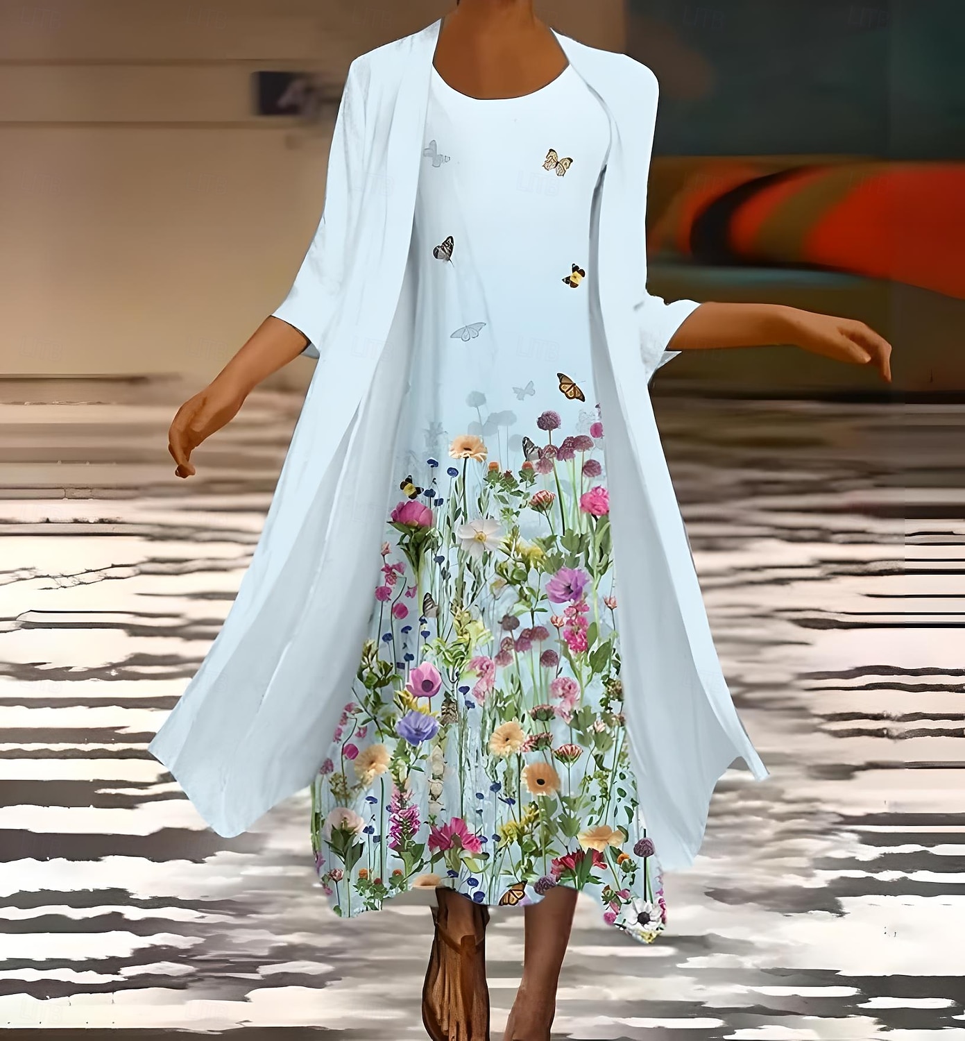 Frauen Kleid Set Maxi Kleid Sommerkleid Urlaub Lässig Regulär Passform Ombre Floral Print 3/4 Länge Ärmel Crew Neck Hochzeitsgast Geburtstag Weiß Himmelblau Sommer Frühling Regulär Fit 2025 - $36.99 –P2