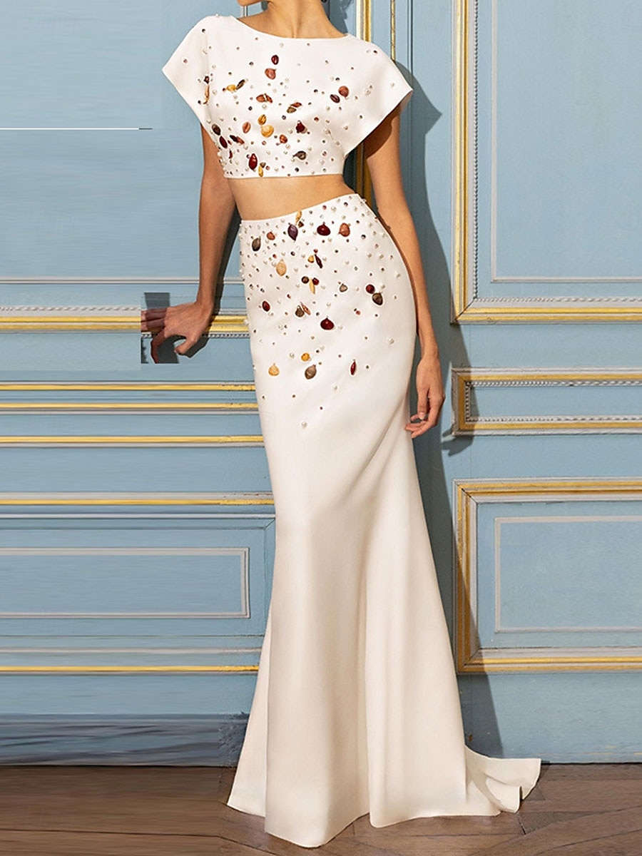 Sirena  Abito da quindicesimo compleanno abiti abito elegante matrimonio invitata lunghezza a terra maniche corte collo a giro cotone misto con cristalli perline 2025 del 2025 a $158.99 –P1