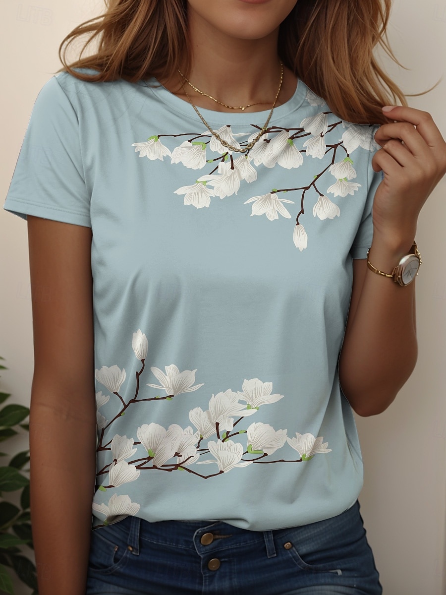 Femmes T-shirt Fleuri Graphique Vintage Élégant Occasionnel Manche Courte Col rond Hauts Réguliers Quotidien Week-end Imprimé Jaune Rouge Bleu Bleu clair Été Printemps de 2025 ? $19.99 –P3