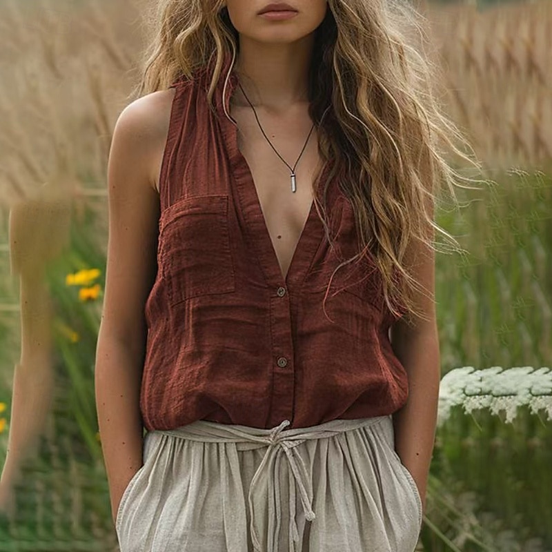 Women's Cotton Linen Shirts Button Up Blouse Plain Basic Modern Casual Sleeveless V Neck Regular Tops Daily Holiday Going out Buttons Pocket Black Blue Brown Green Summer 2025 - $22.99 –P3