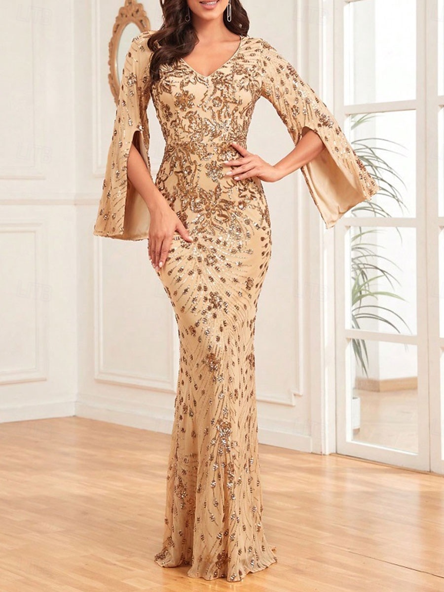 Havfrue  Trompet Quinceanera Kjoler Elegant Kjole Bryllup Bryllups gjest Gulv Lengde Lange Ermer V Hals Spandex med Paljetter 2025 - $129.99 –P15